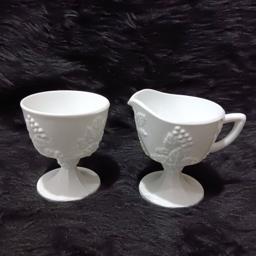 Milk Glass Creamer & Sugar, Footed Pedestal, Indiana Glass Harvest Grape Pattern